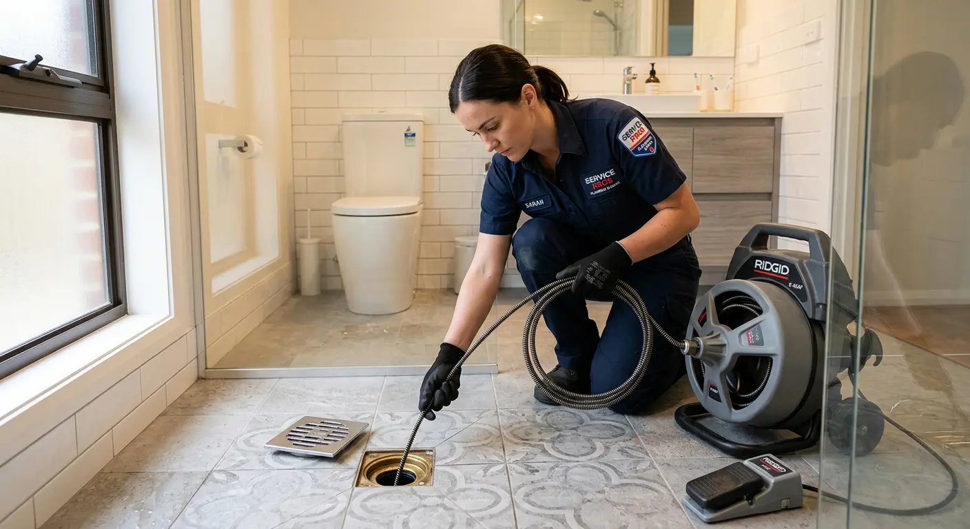 Technician clearing a bathroom floor drain for Sewer Line Replacement in Delavan